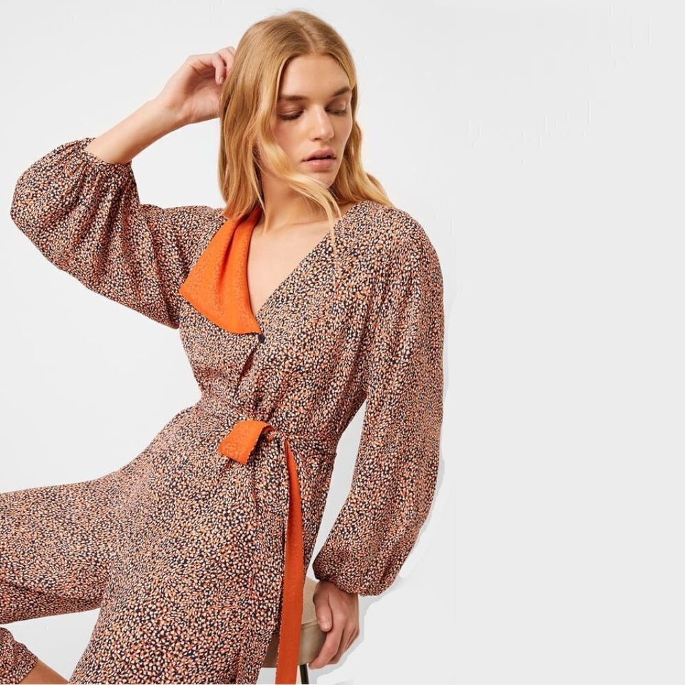 NWT French Connection orange, blue & white abstract spot print belted jumpsuit